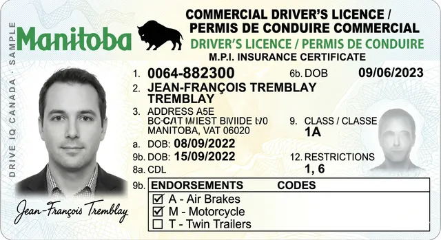 Sample Manitoba commercial driver's licence