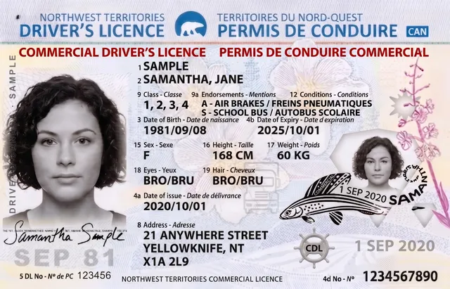 Sample Northwest Territories commercial driver's licence