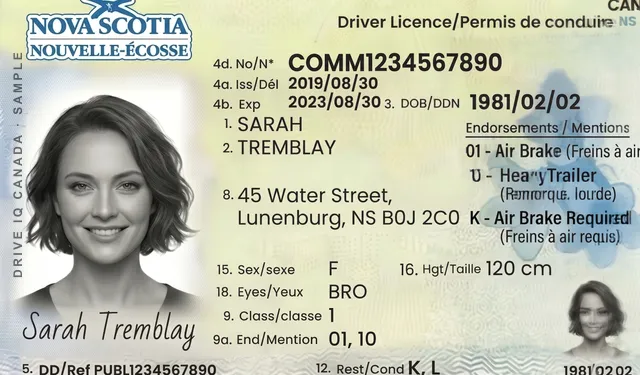 Sample Nova Scotia commercial driver's licence