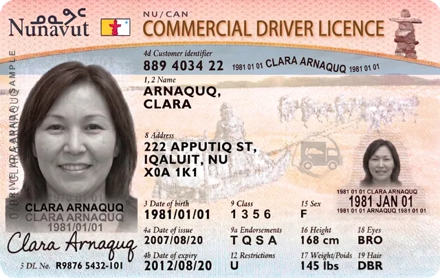 Sample Nunavut commercial driver's licence