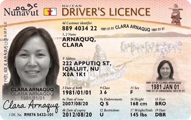 Sample Nunavut driver's licence