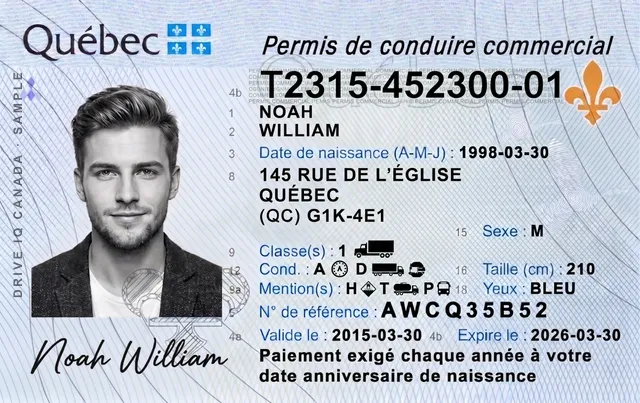 Sample Québec commercial driver's licence